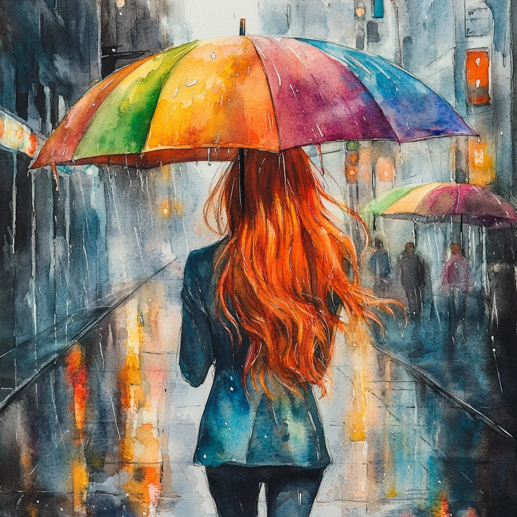 Red haired woman with umbrella on rainy city street