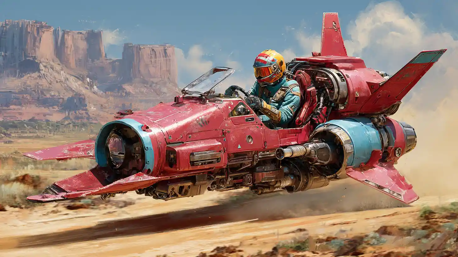 Karminroter Hyperspeeder rast niedrig über staubige Wüstenklippen