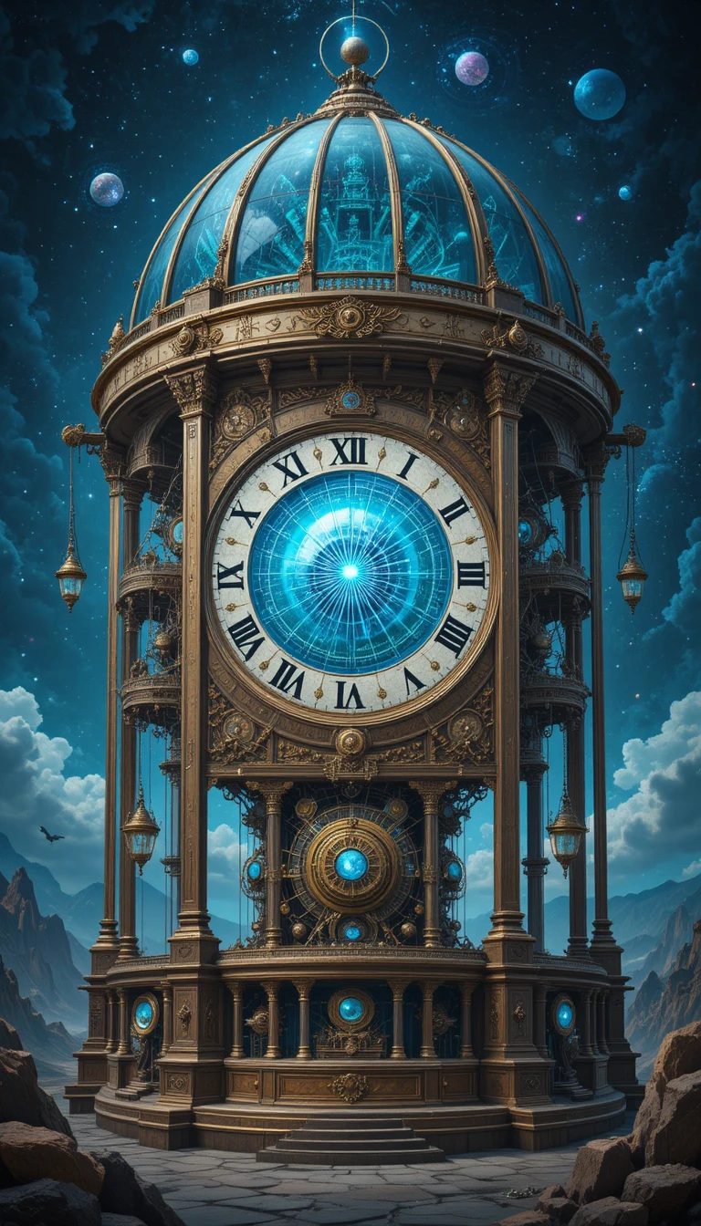 Máquina del tiempo steampunk surreal con núcleo de ojo cósmico