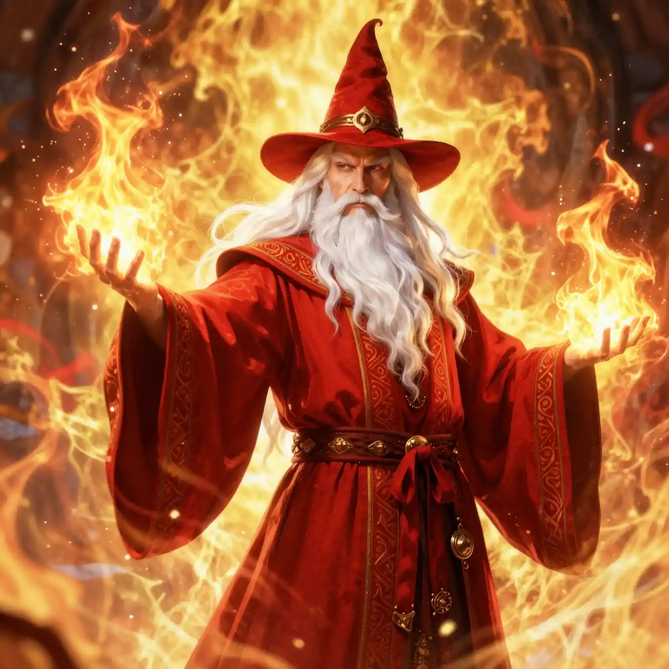 Potente mago che brandisce il fuoco in una fiammeggiante aura magica