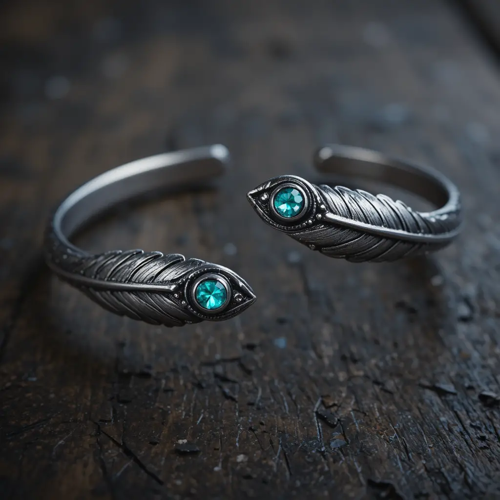 Silver feather cuff bracelet with teal gemstones on wood
