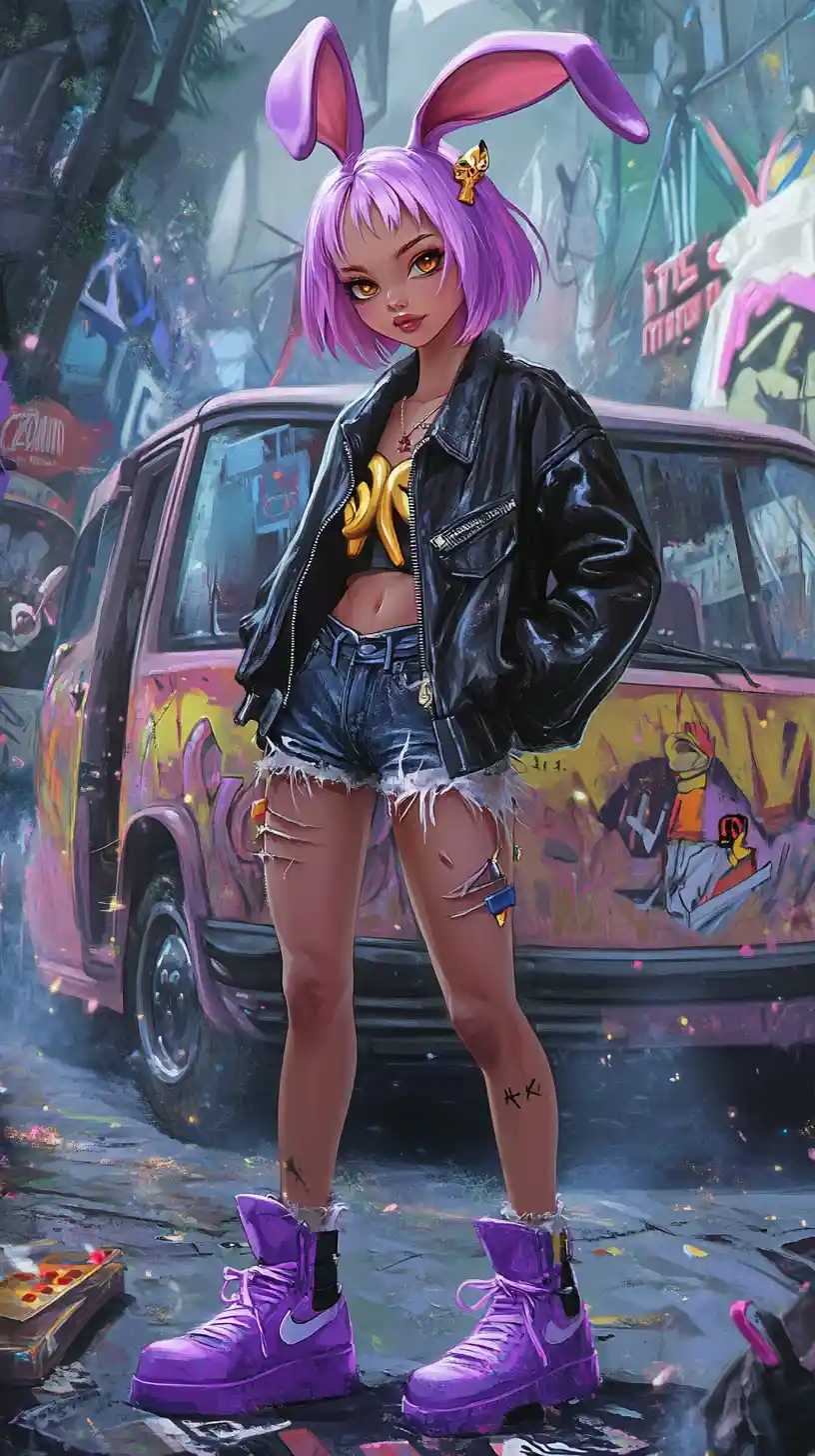 Rebellious anime bunny girl in neon forest graffiti scene