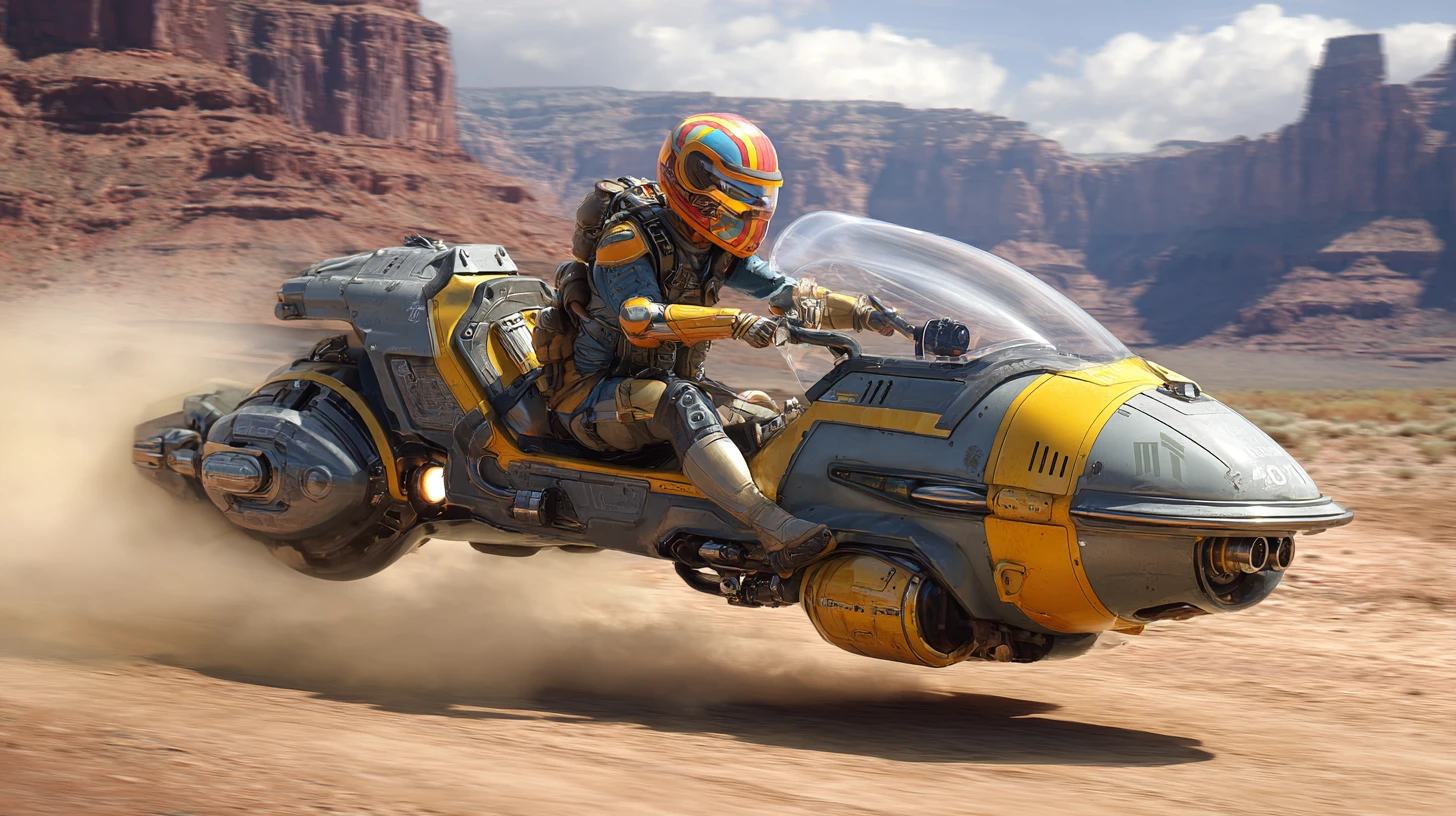 Corsa di hyper speeder futuristico a bassa quota sopra polverose scogliere del deserto