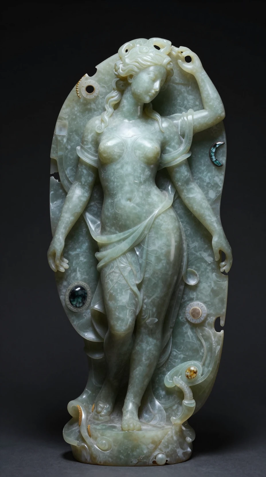 Elegant jade statue carved from obsidian on dark background