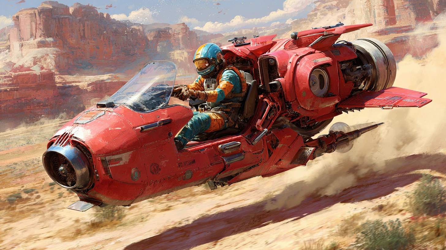 Futuristic crimson speeder racing across a dusty desert