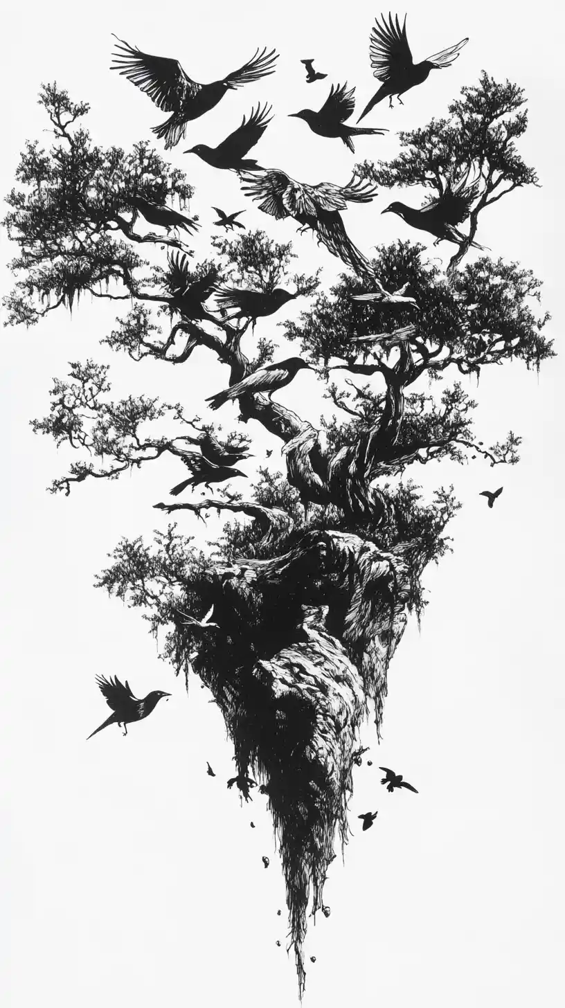 Illusione surreale a inchiostro con uccelli e alberi che creano forme nascoste
