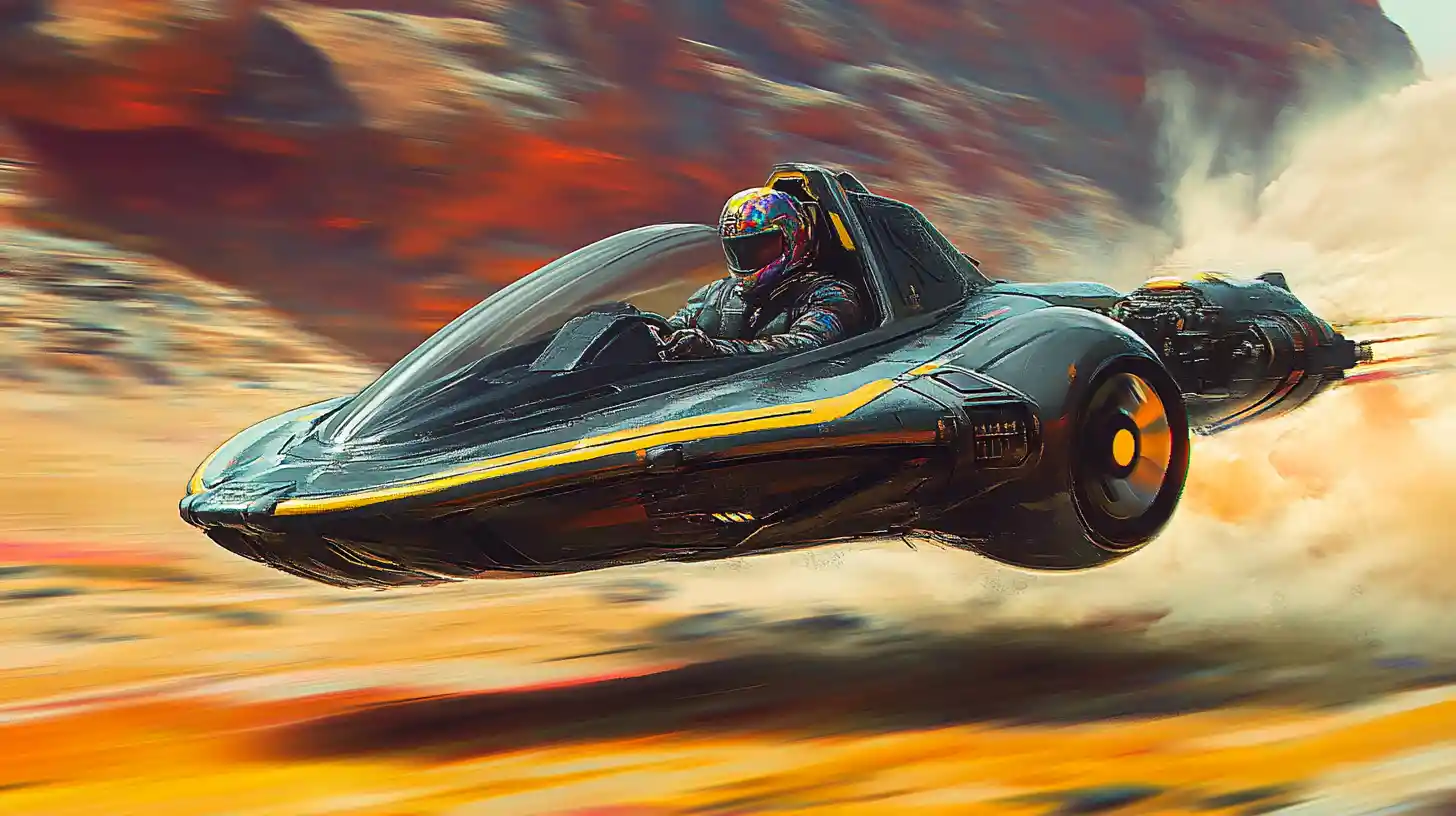 Futuristic hyper speeder racing across a colorful desert plain