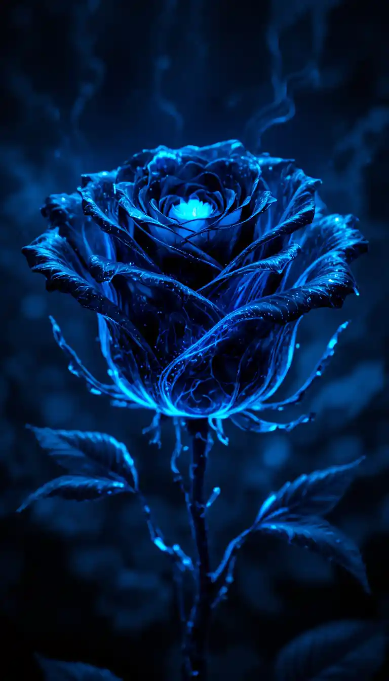 Rosa nera luminosa con luce blu in uno spazio astratto oscuro