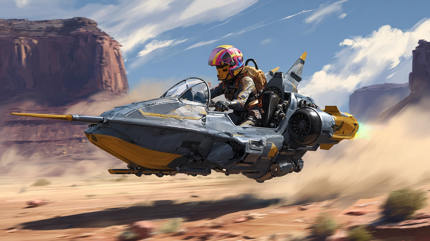 Hyper speeder futuristico che sfreccia radente su deserto polveroso