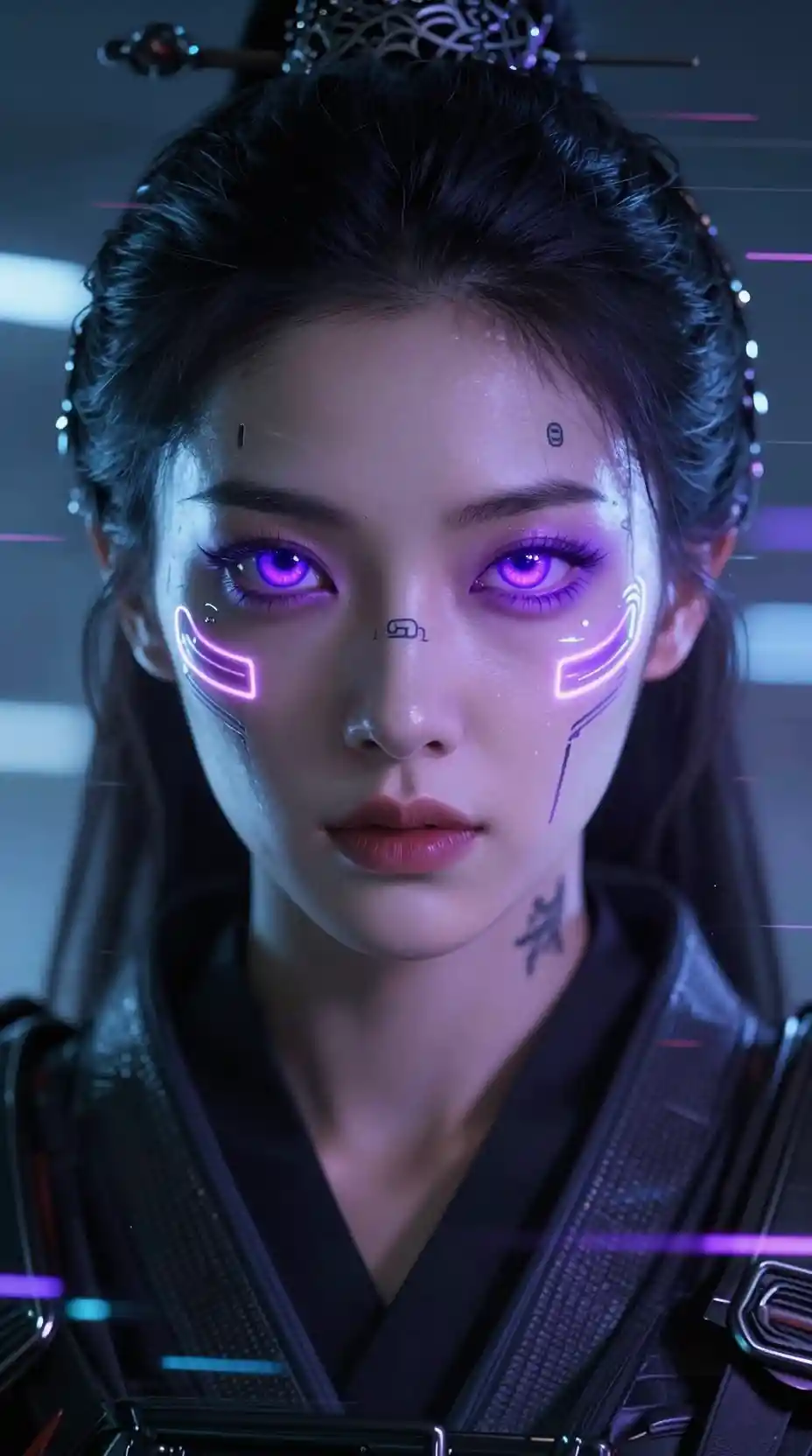 Cyber-Samurai-Frauengesicht, das aus einem leuchtenden digitalen Bildschirm auftaucht