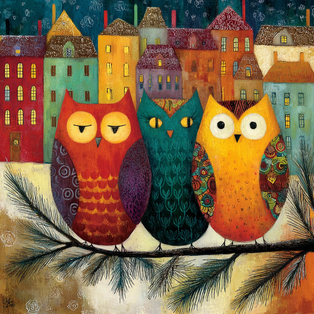 Chouettes au visage de chat perchées au-dessus d’une ville colorée