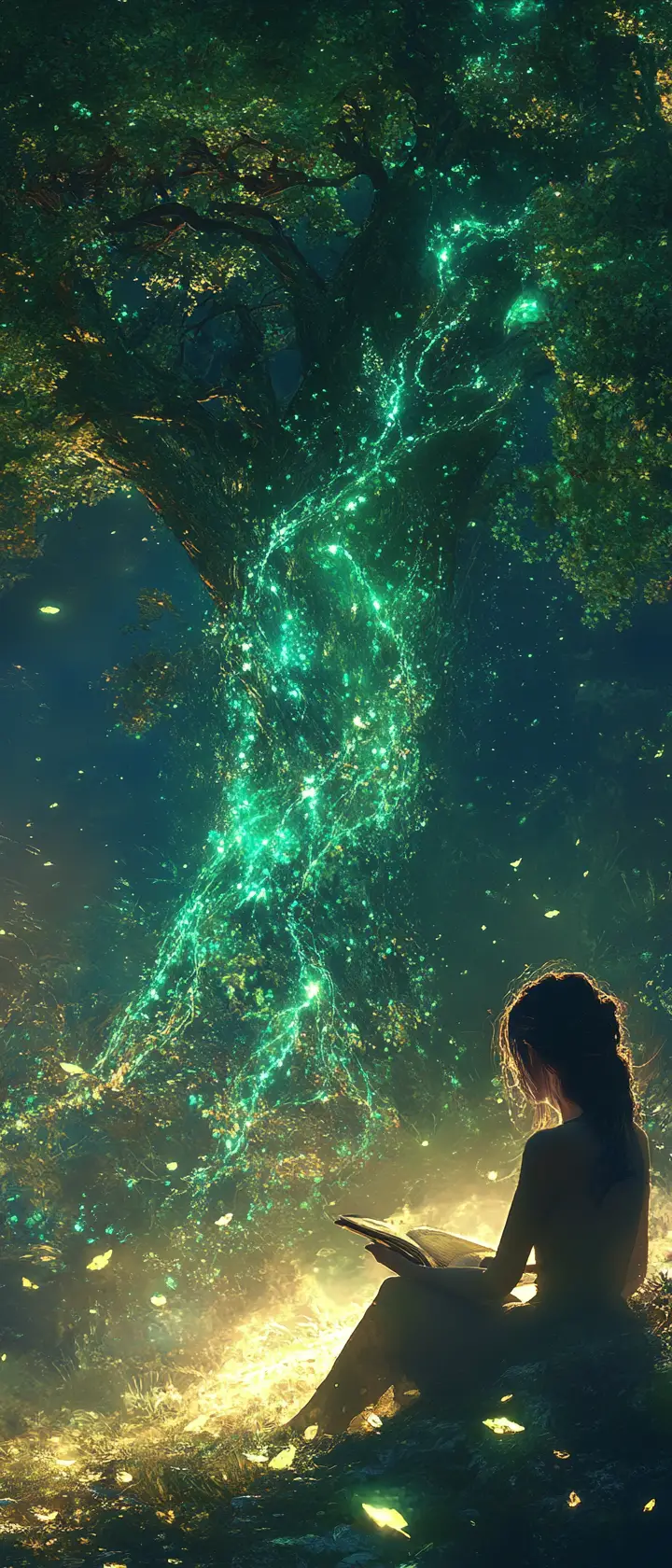 Girl Reading Under A Luminous Fantasy Tree At Twilight