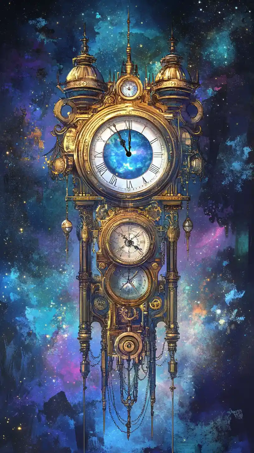 Surrealer Steampunk-Uhrturm mit Augen im kosmischen Nachthimmel