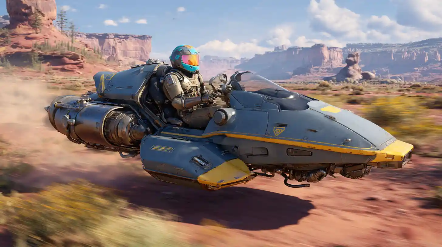 Futuristic hyper speeder racing low over a dusty desert