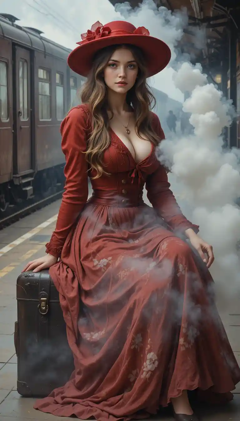 Joven con vestido victoriano rojo en la estación de tren