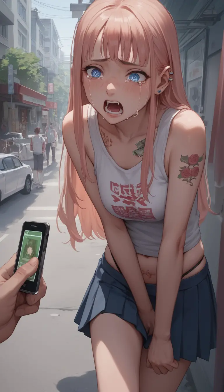 Anime schoolgirl with colorful hair in a public place