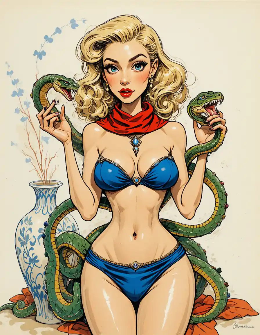 Vintage pinup style woman with snakes and ornate vase