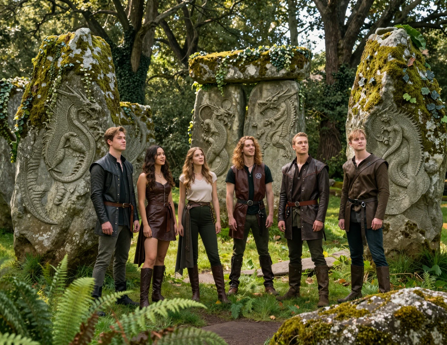 Adventurers Studying Dragon Carvings In Ancient Stone Circle