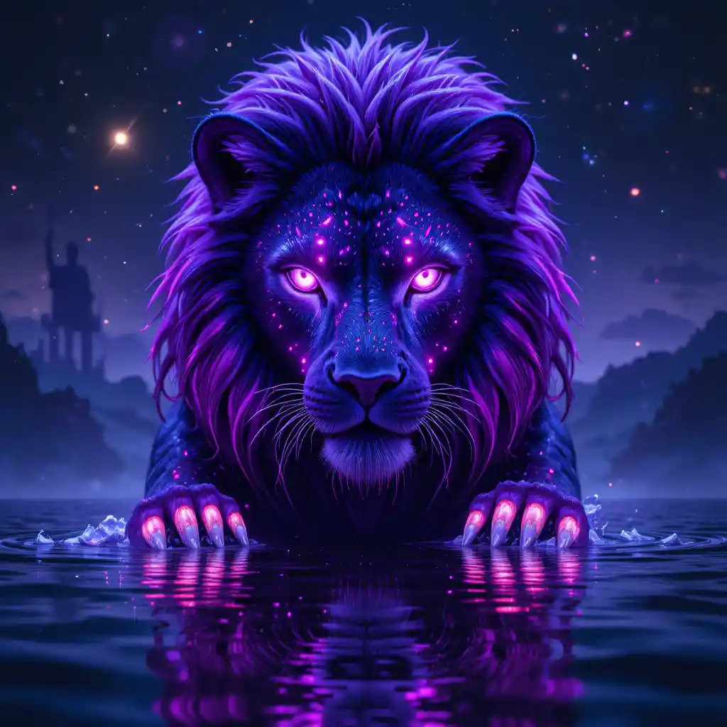 星空下閃耀的紫色獅子與水面倒影