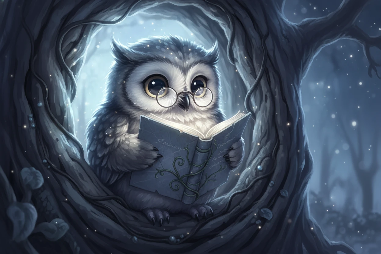 Baby Owl Reading A Leaf Book Under Soft Moonlight