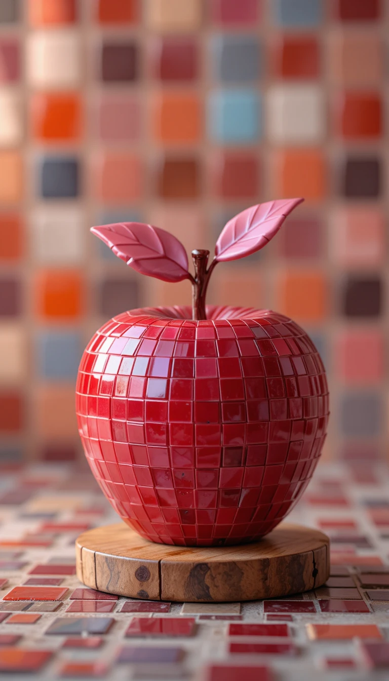 Red mosaic apple sculpture on blurred tiled background