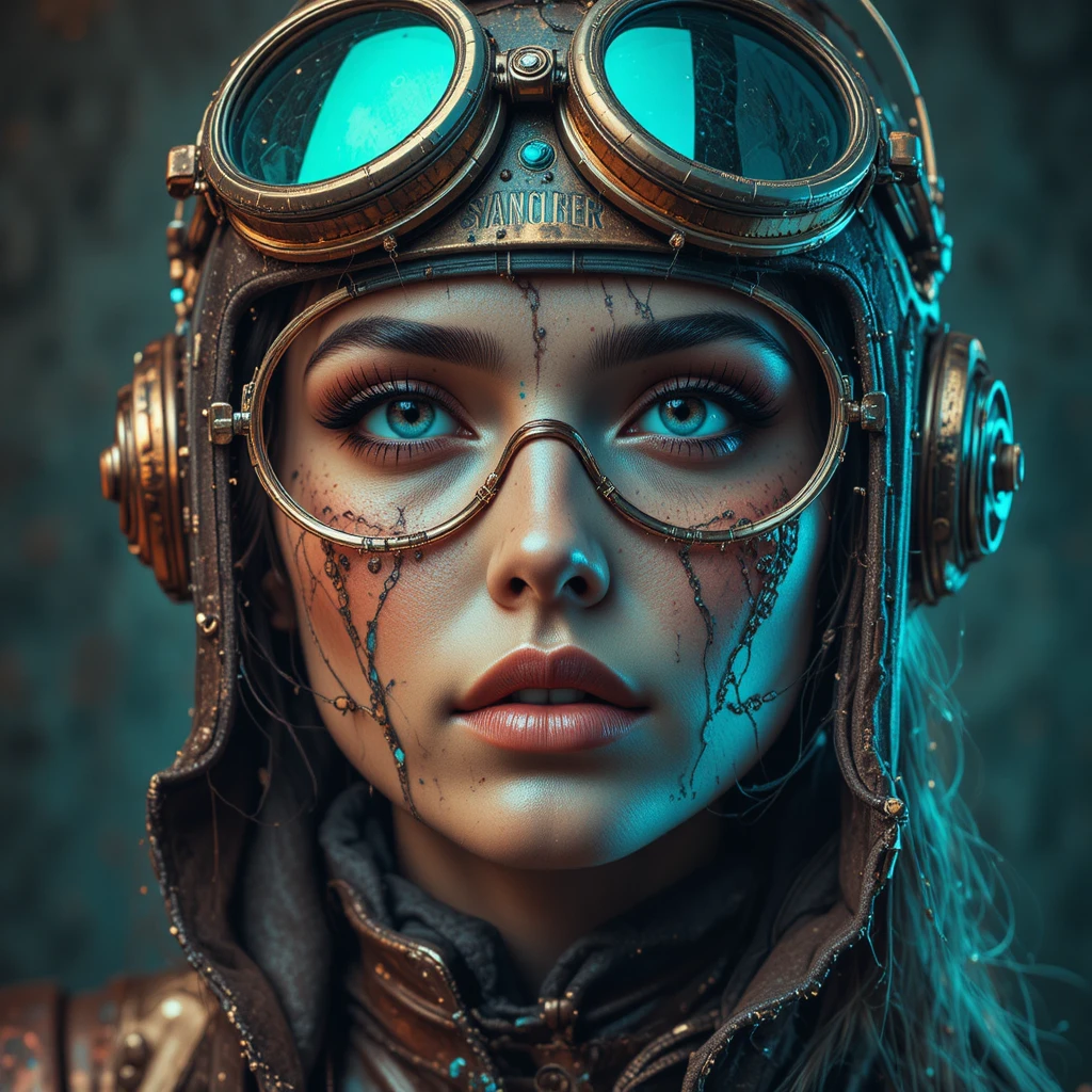 Steampunk aviator portrait with surreal dual color glitch