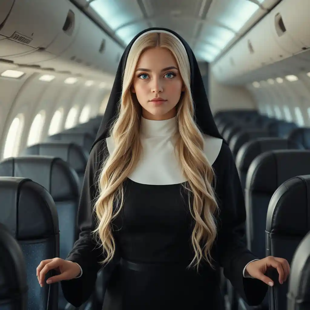 柔らかな光の中、飛行機の通路を歩く若い修道女