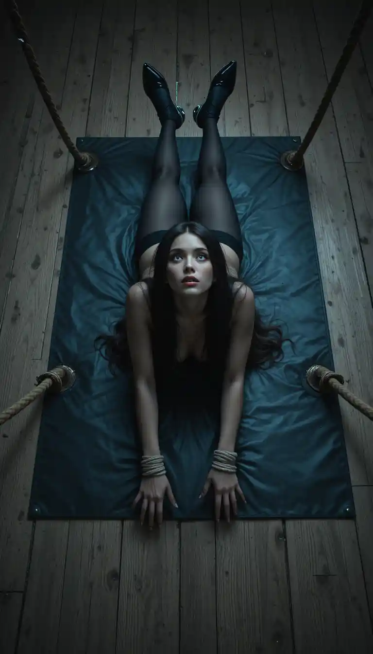 Cinematic high angle view of bound woman on wooden floor
