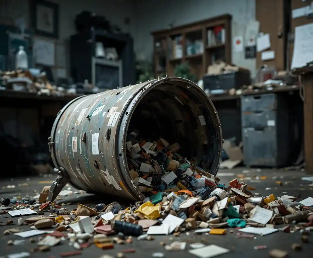 Overturned office trash can spilling waste on the floor