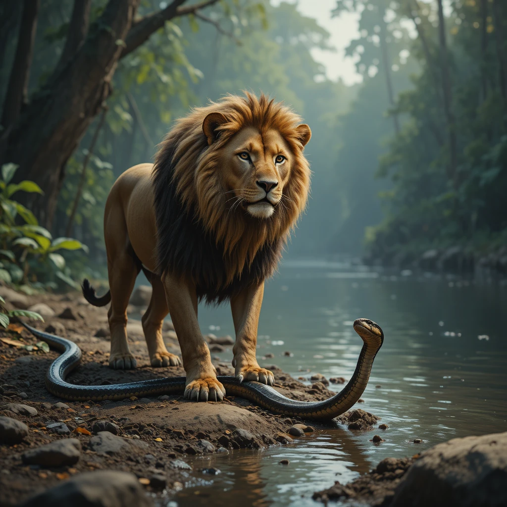 León sediento caminando hacia una tranquila orilla de río en la jungla