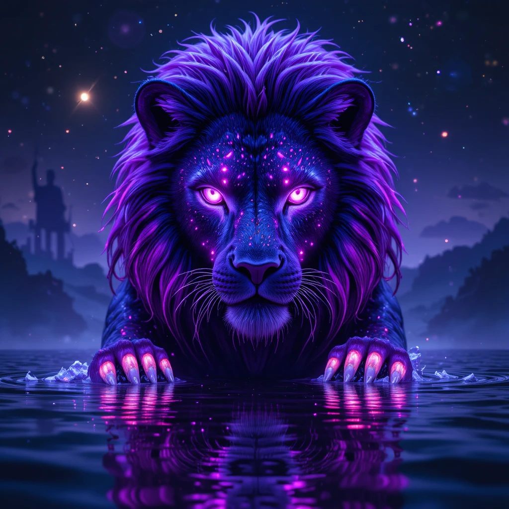 星空下閃耀的紫色獅子與水面倒影