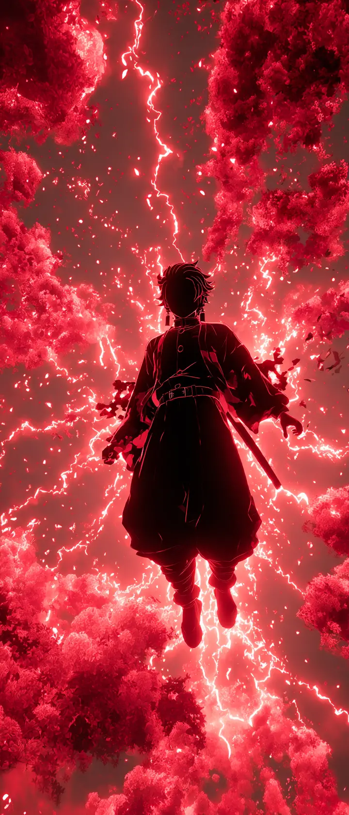Demonic swordmaster unleashing crimson energy blades in sky