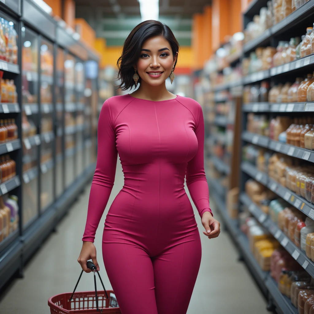 Mujer mexicana segura de sí misma con mono rosa en el supermercado