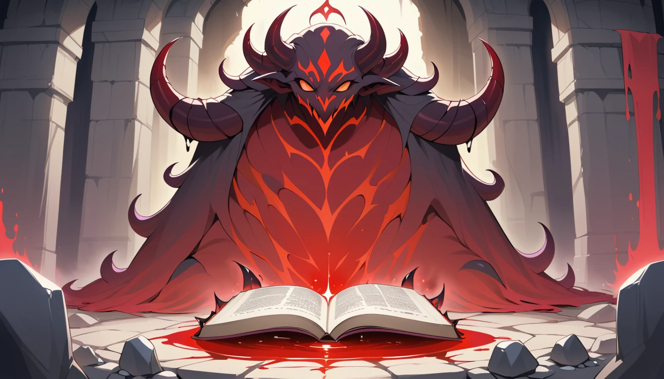 Demonic figure of red liquid offering a dark spellbook