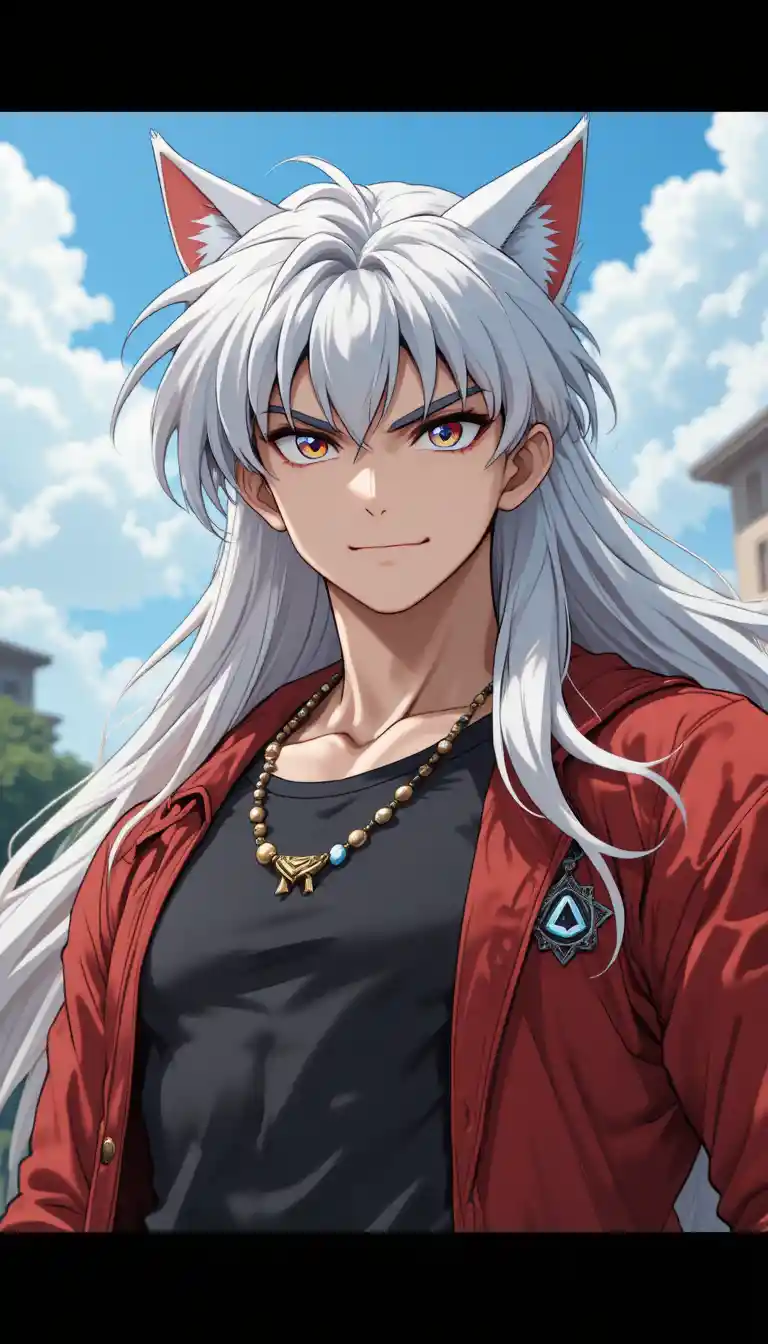 Homme d’anime confiant aux cheveux bicolores et aux oreilles de chat