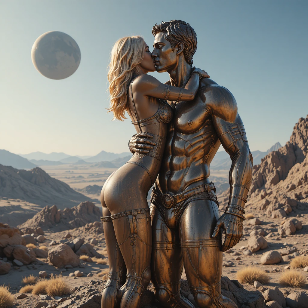 Bronze statue of a woman kissing a man on asteroid