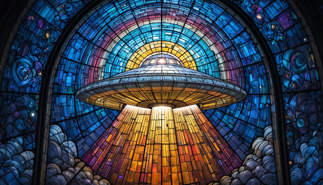 Vitrail Surréaliste d’UFO au‑dessus d’un Ciel Nocturne Cosmique