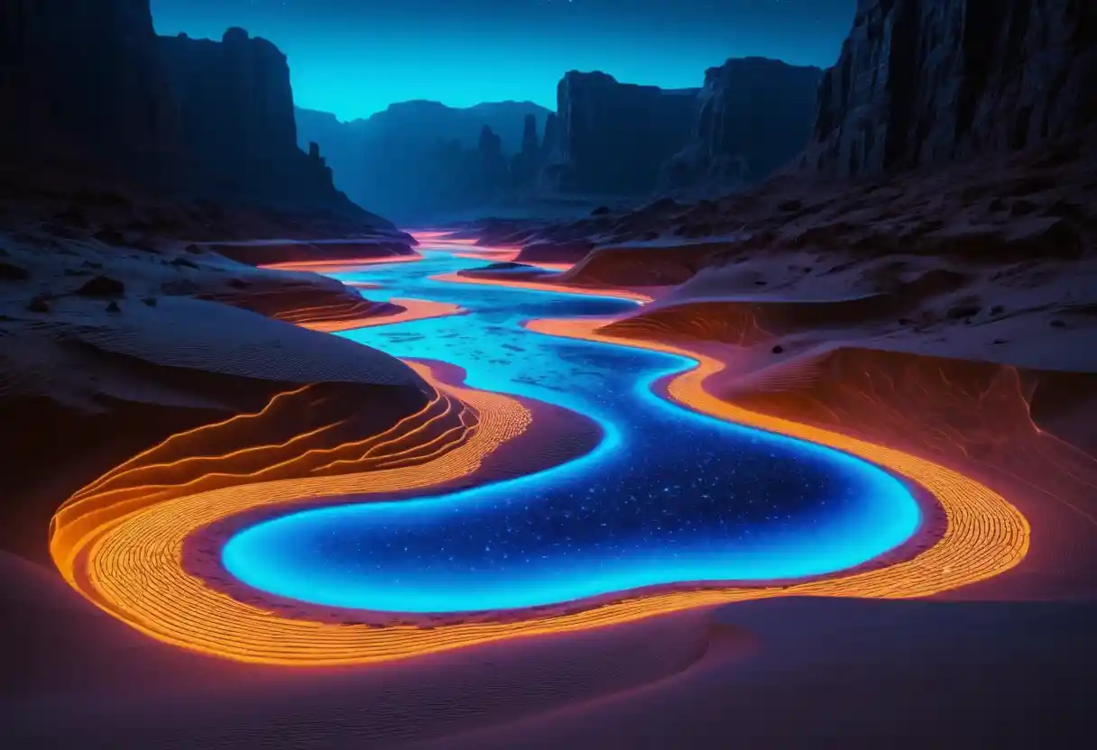 Futuristic neon river flowing through glowing digital desert