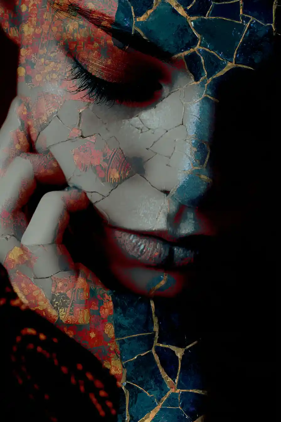 Silent surreal painting of abstract kintsugi inspired forms
