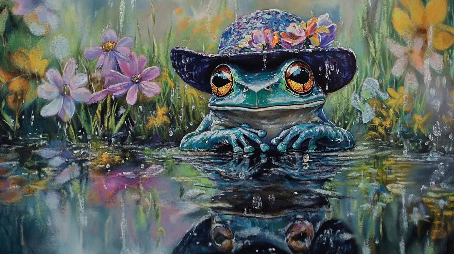Thoughtful frog in a flower meadow with rippling reflection