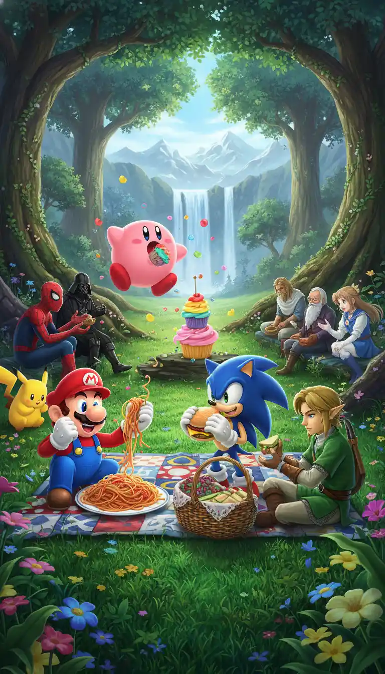Iconic heroes enjoying a joyful picnic in a green valley