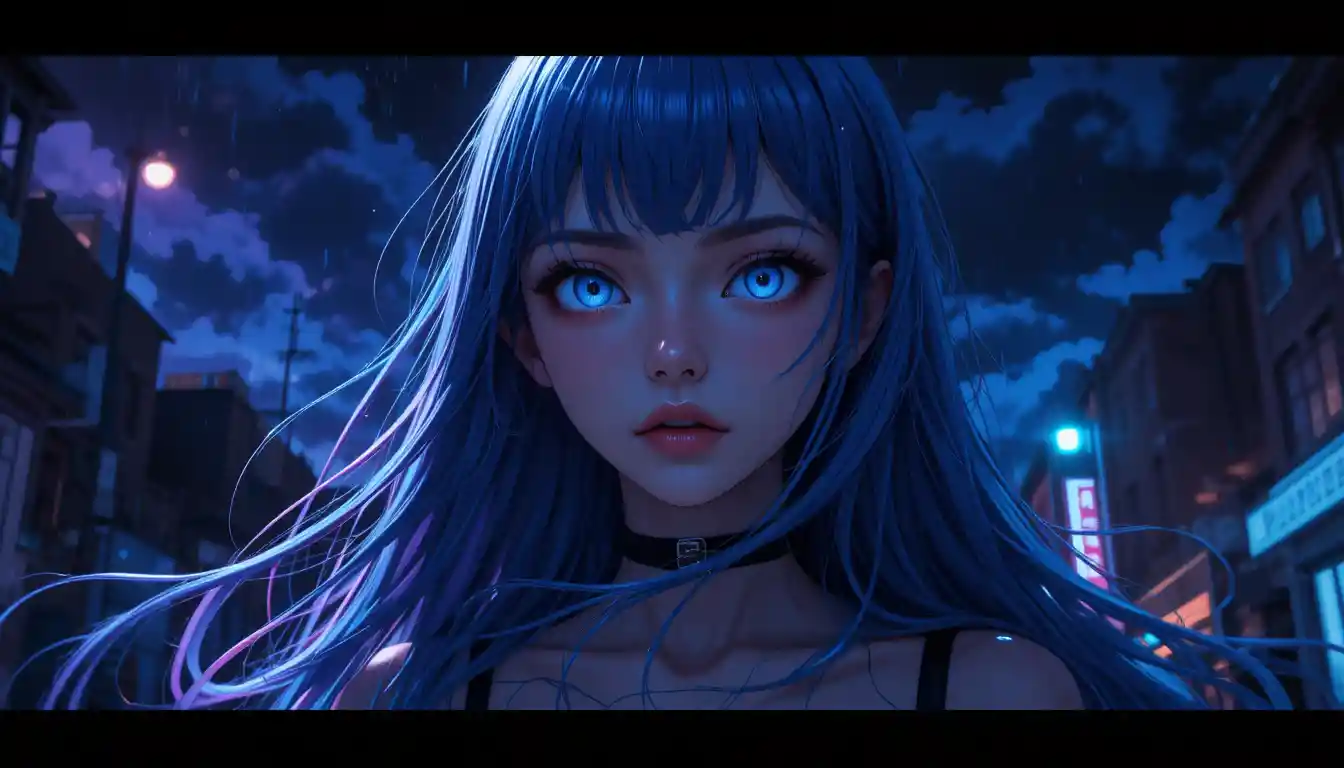 Blue haired anime girl under a moody neon night sky