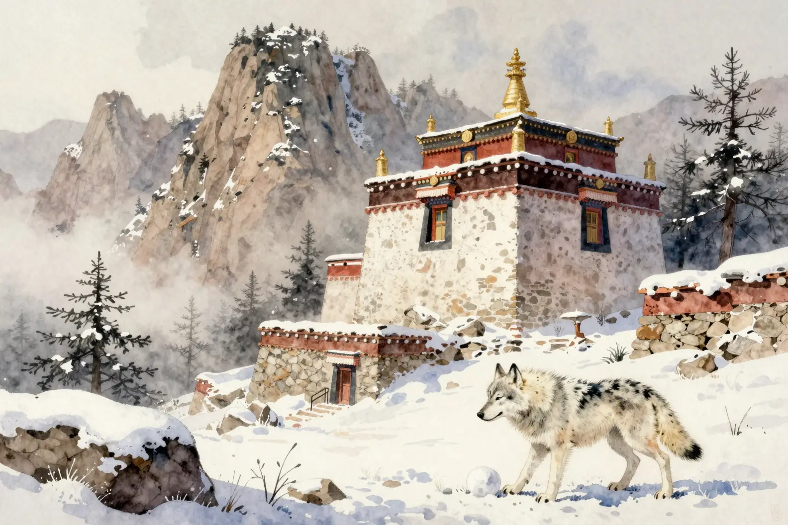 Serene Watercolor Of Snowy Mountain Temple Sanctuary