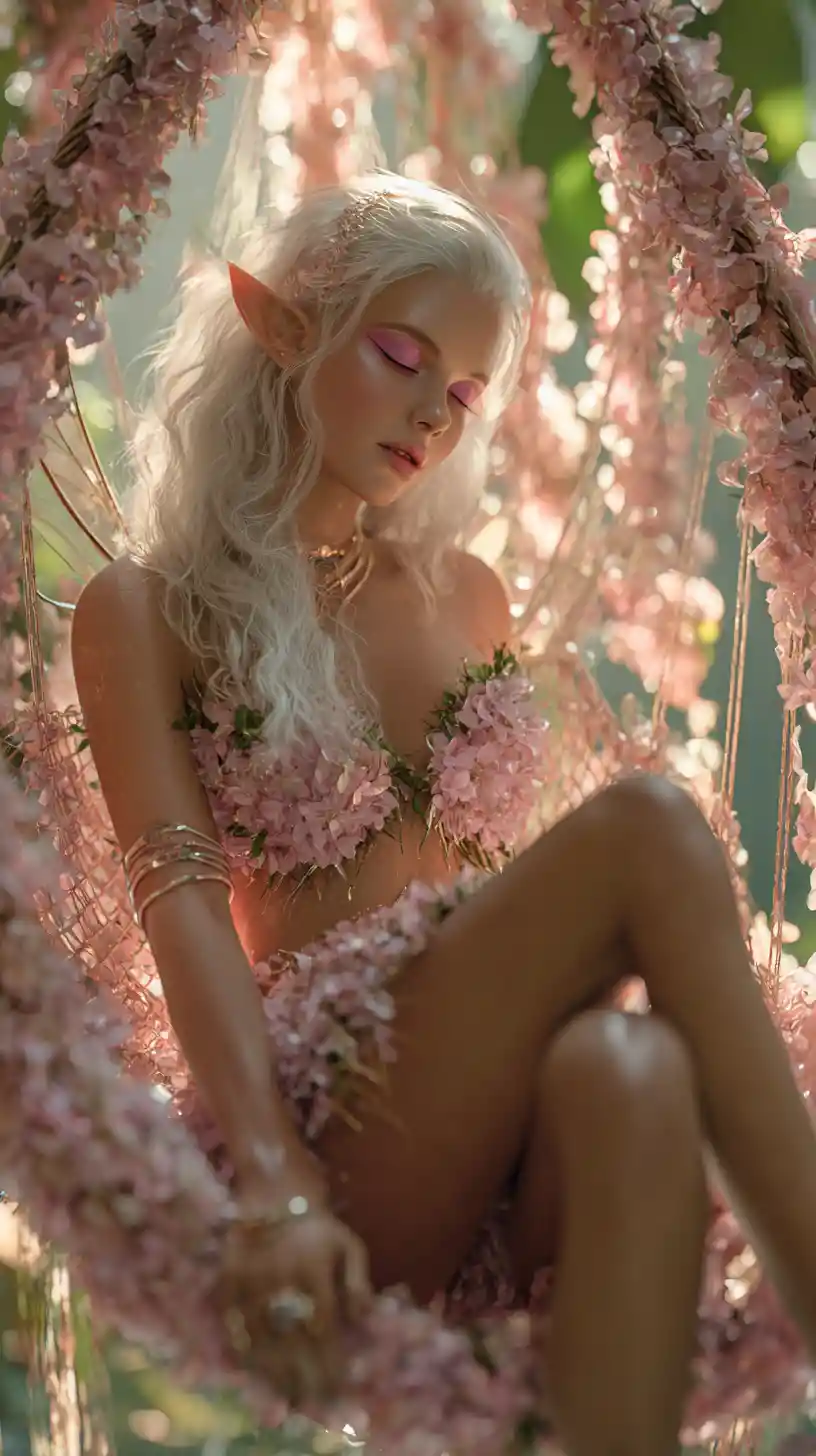Elf woman in petal dress resting in forest hammock