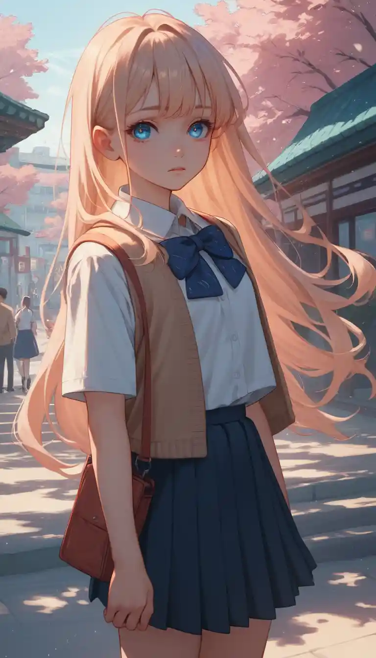 Anime schoolgirl with colorful long hair in public space