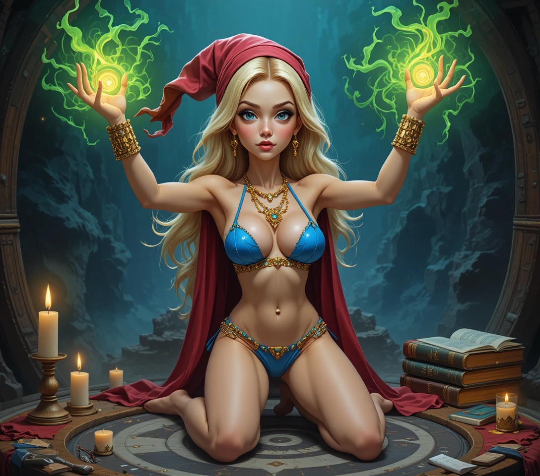 Blonde witch conjuring glowing magic before a ritual circle