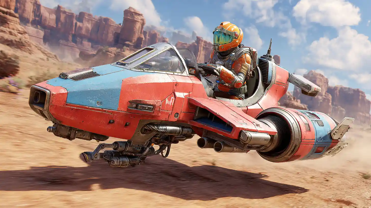 Iper-speeder cremisi futuristico che sfreccia nel deserto