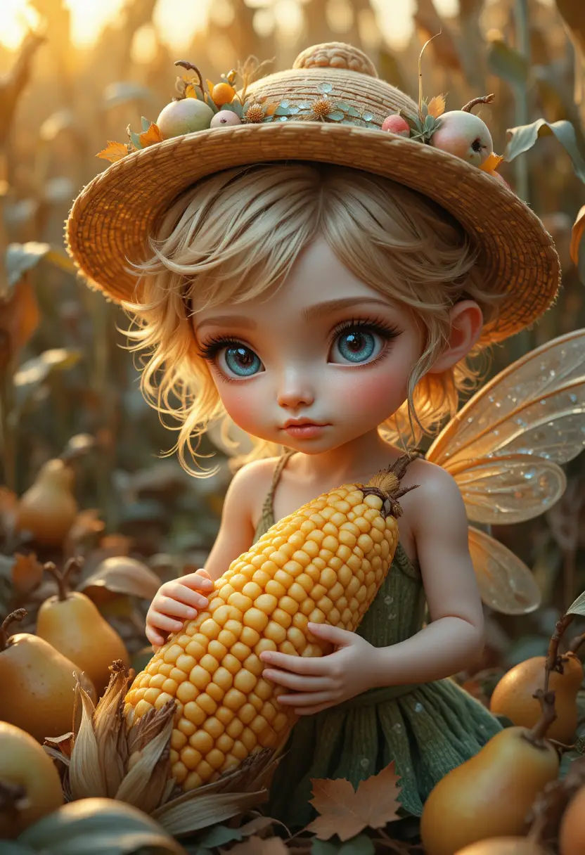 Tiny fairy girl tearing corn in glowing sunset field