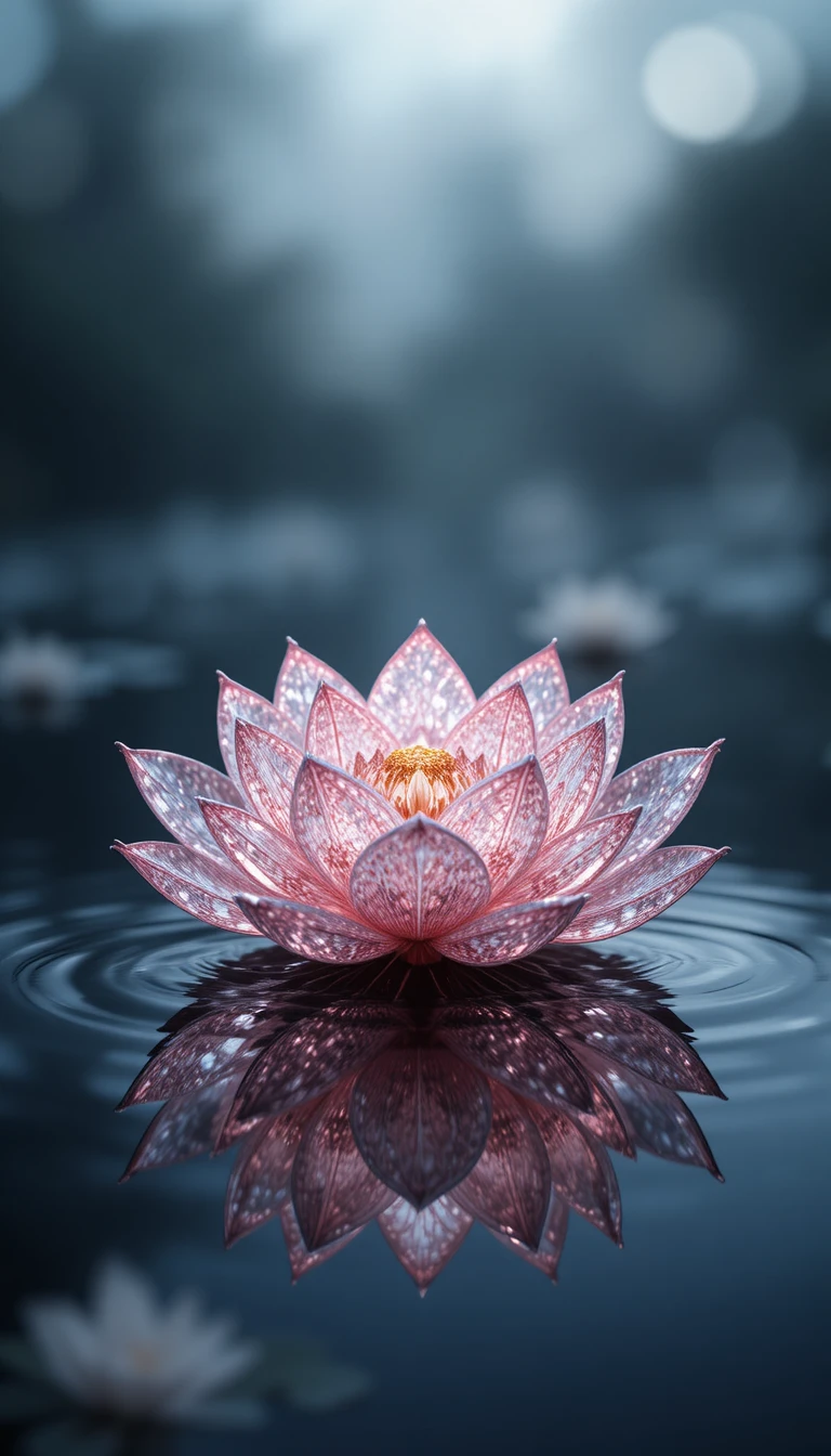 Pink diamond lotus floating on dark reflective water