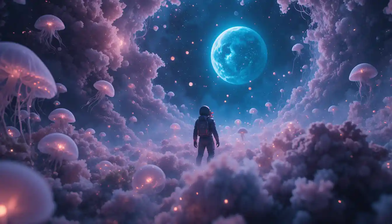 Astronaut Reaching Toward Angelic Star Among Cosmic Jellyfish